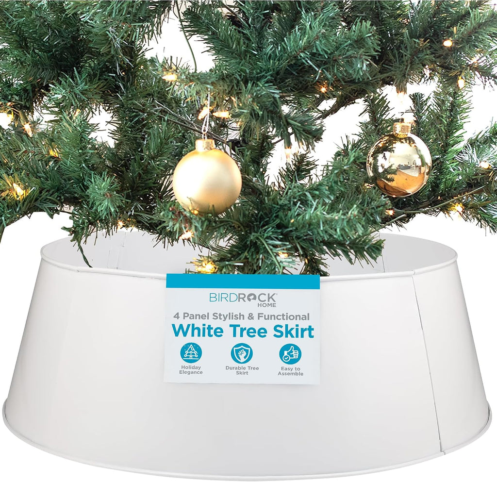 4-Panel Christmas Tree Collar - White - Metal Holiday Skirt Decor - Water Base Protection from Pets