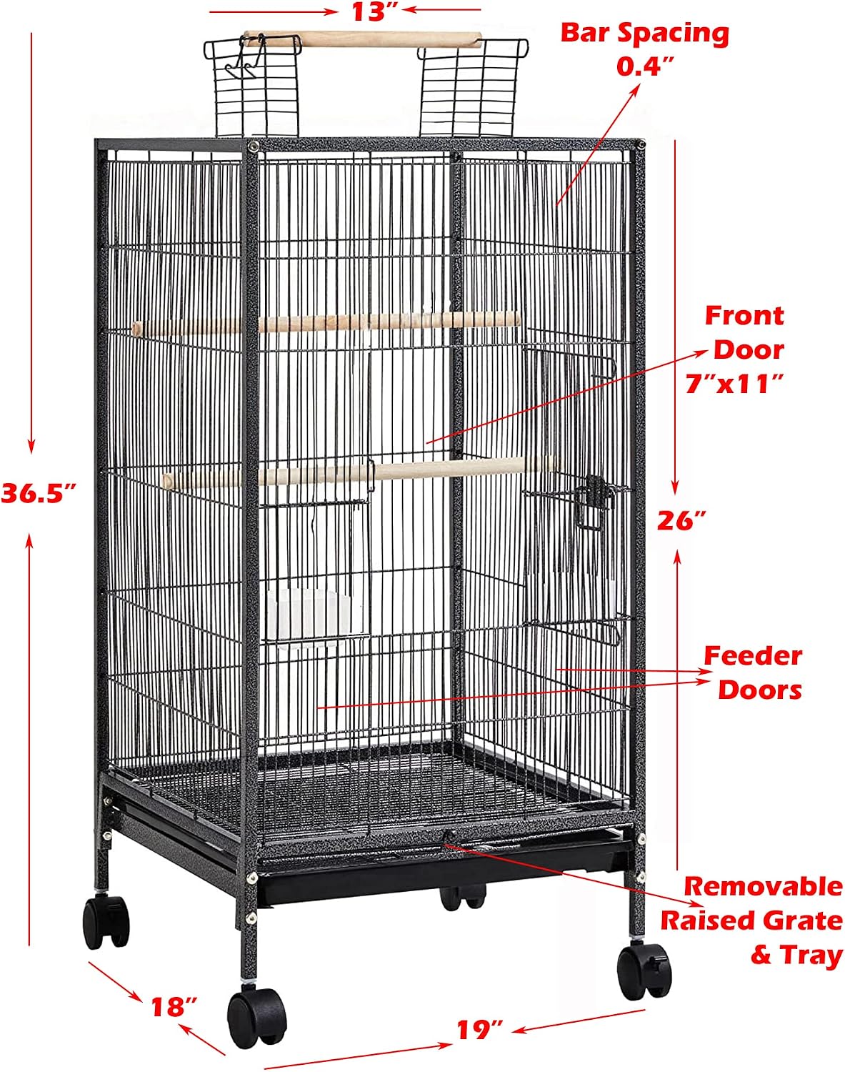 36-Inch Deluxe Sturdy Wrought Iron Bird Flight Open Play Top Cage with Rolling Stand for Parrots Conure Lovebird