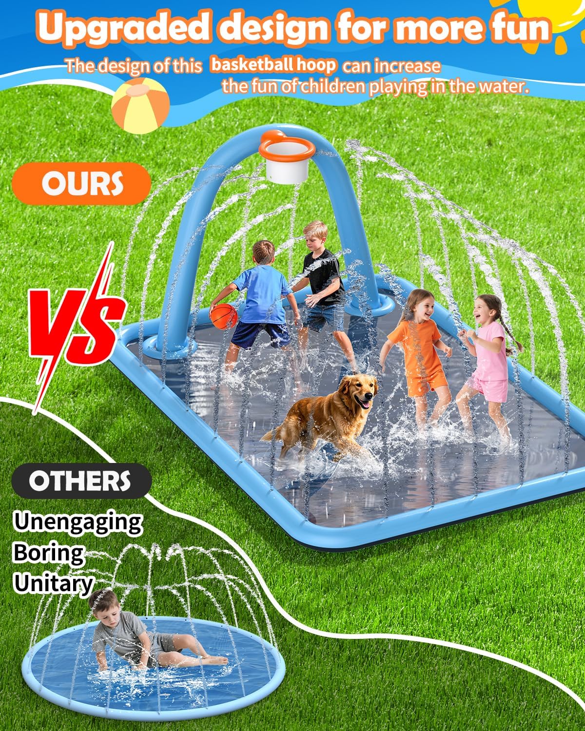 Splash Pad for Kids & Dogs, Large Sprinkler Pad Water Toys with Basketball Hoop, Thickened Non-Slip Splash Mat