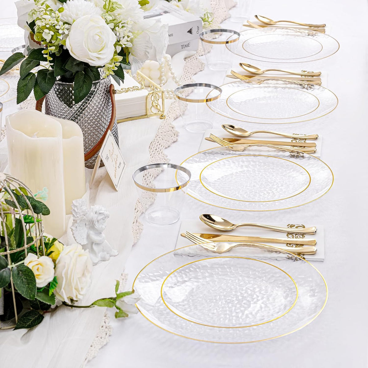 175 Pcs Plastic Dinnerware Set (25 Guests), Clear And Gold Plastic Plates, Hammered Party Plates Include Dinner