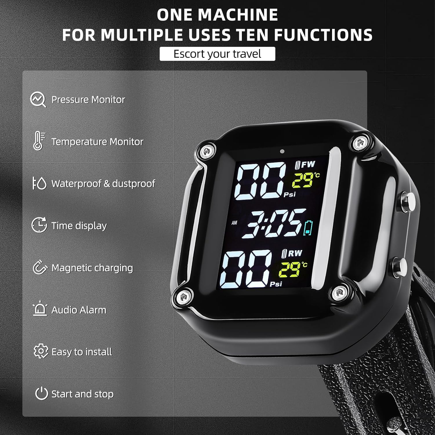 Motorcycle Tire Pressure Monitoring System, Motorcycle TPMS System | with 2 External Sensors, LCD Display, IP67