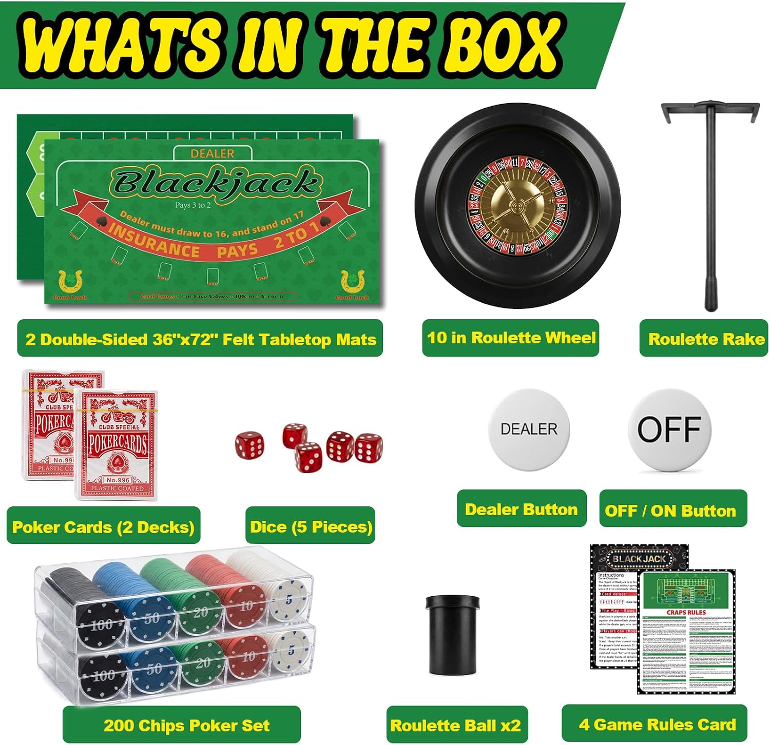 Casino Night 4-in-1 Complete Game Set with 2 Double-Sided Felt Layout Mats (36"x72"), 10" Roulette Wheel, 200 Chips
