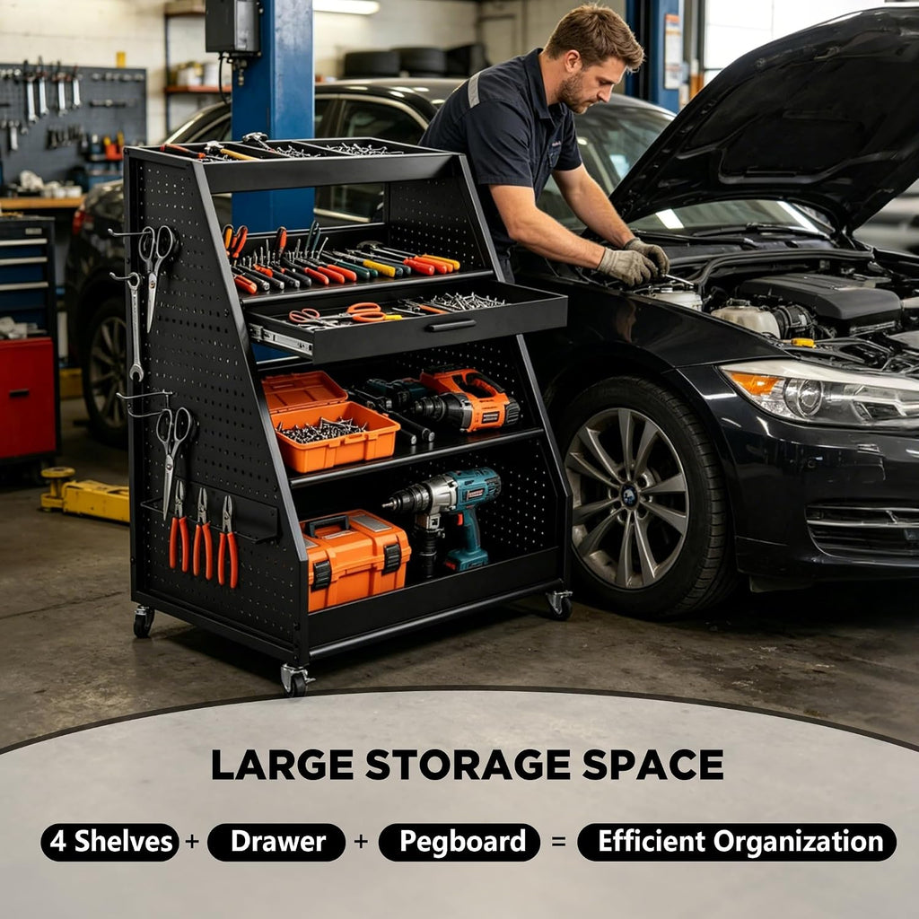 4-Tier Heavy Duty Rolling Tool Cart with Pegboard & Sliding Tray, 440 LBS Load Capacity Steel Utility Cart on