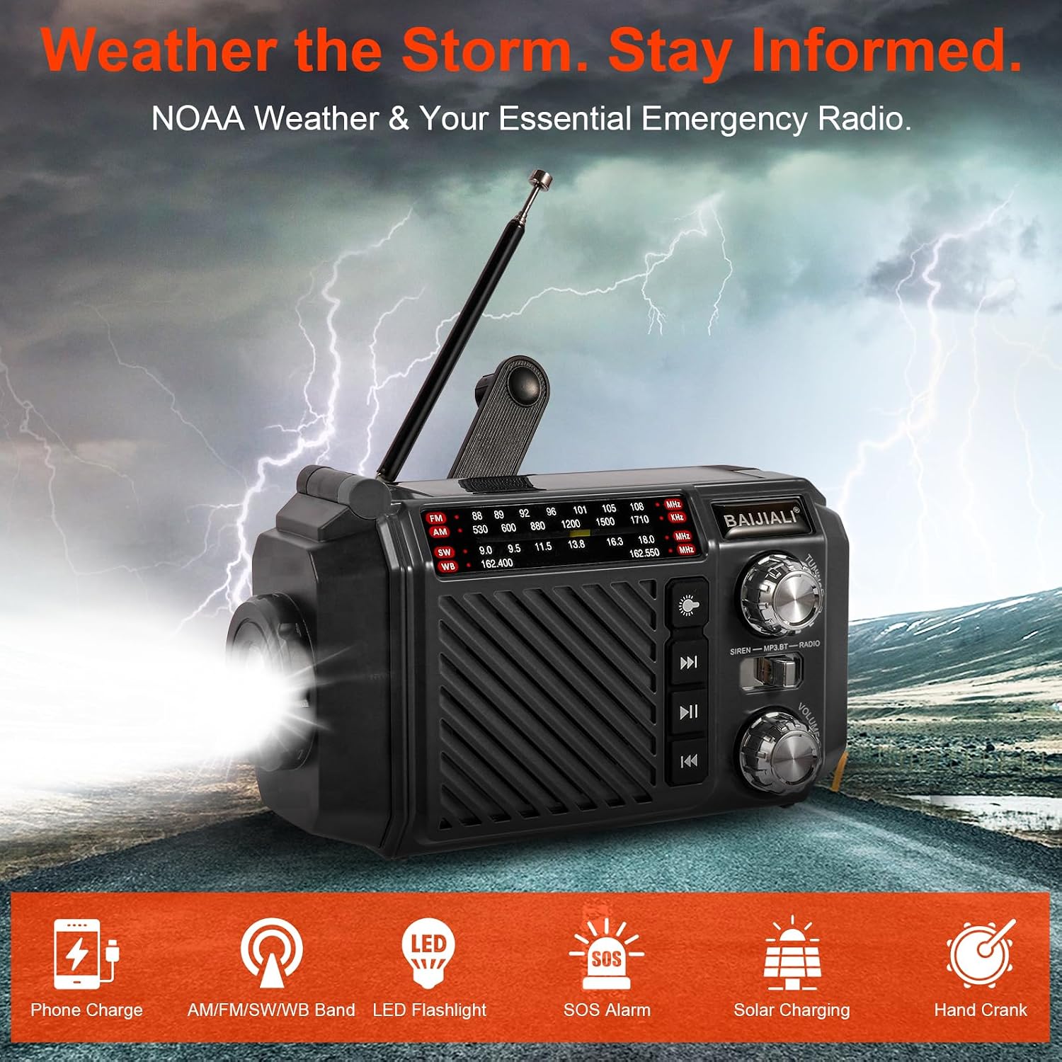 Hand Crank Emergency Weather Radio, NOAA AM FM Shortwave Portable Radio | Solar & USB-C Charging, Flashlight, SOS