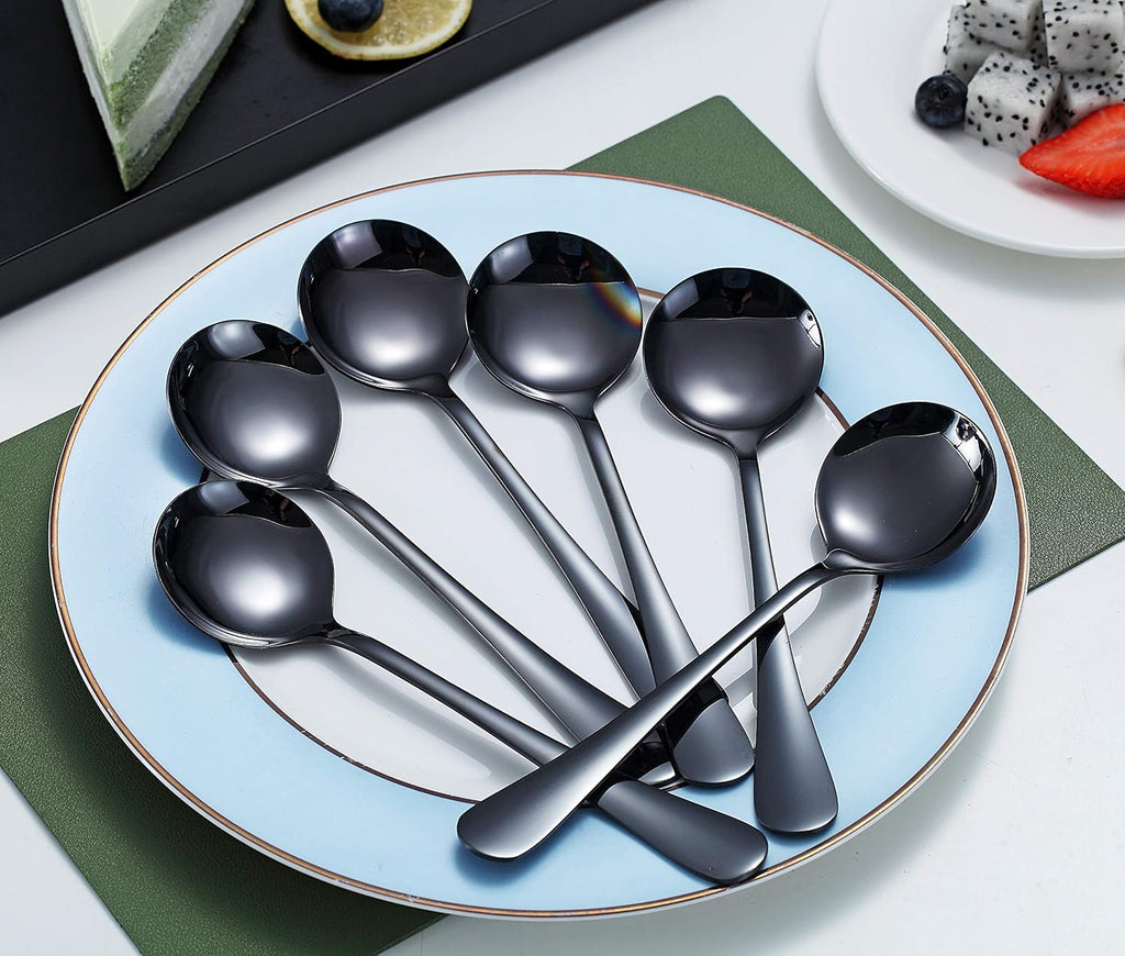 6-Piece Stainless Steel Round Spoons - Black Titanium Plated, Dishwasher Safe