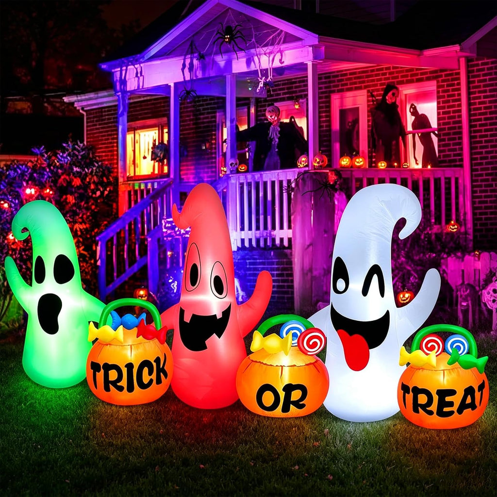 8 Ft Long Halloween Inflatables Three Ghosts with Pumpkin Candy Bags with 3 Colors Light Halloween Decorations