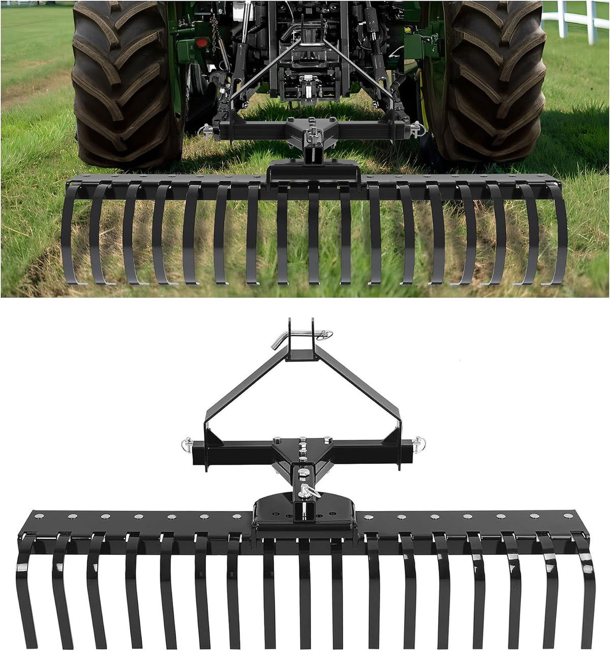 50" 3 Point Landscape Rake for Category-0 Cat-0 Tractor with 360 | Degree Rotation, Replaceable Spring Tines and Pin