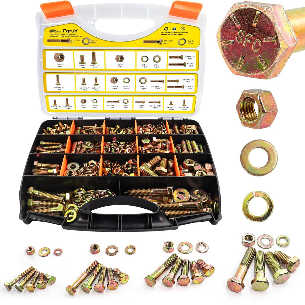 800PCS 1/4-20, 5/16-18, 3/8-16, 1/2-13 Hex Bolts & Nut Assortment Kit