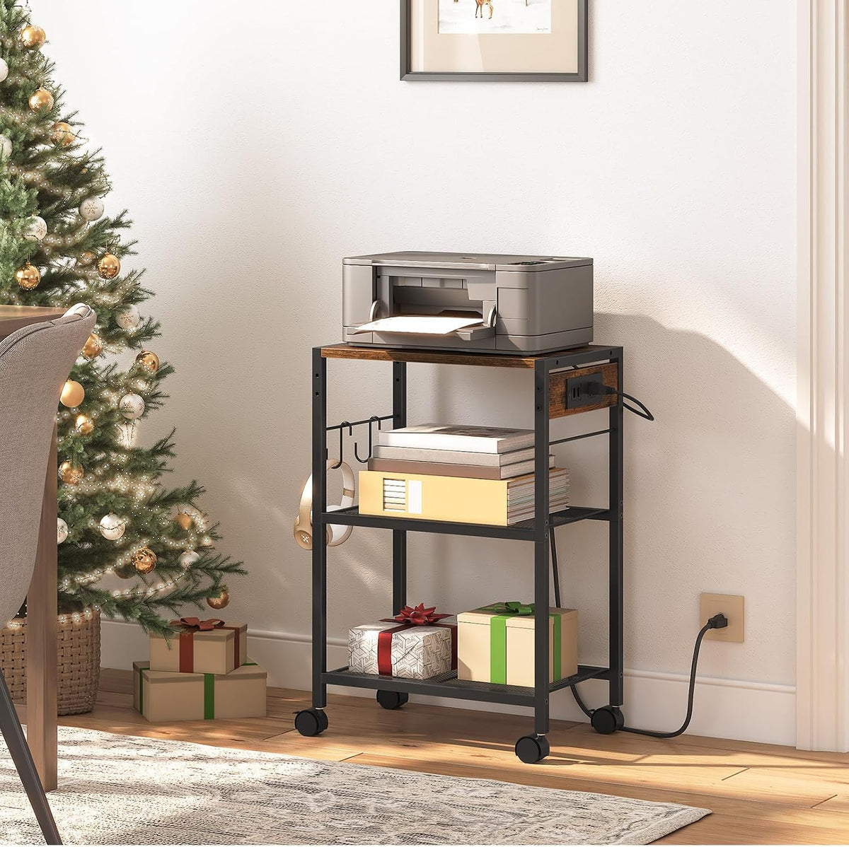 Industrial Printer Stand, 3-Tier Mobile Printer Table, Rolling Cart with Power Outlets and USB Ports, Home Printer