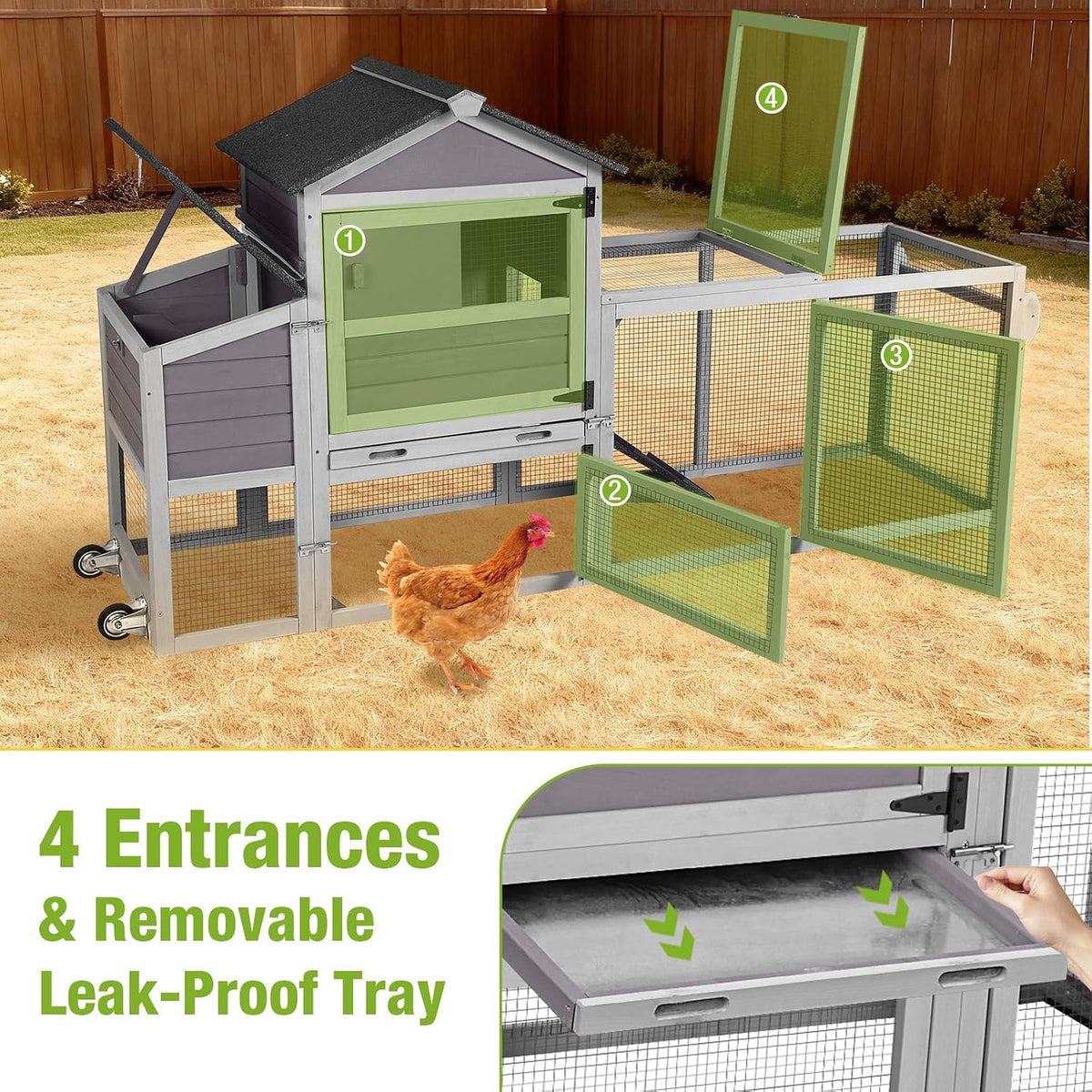 Mobile Chicken Tractor with 2 Nesting Boxes, 81" Large Wooden Chicken Coop for 2-4 Chickens, Predator Proof Poultry