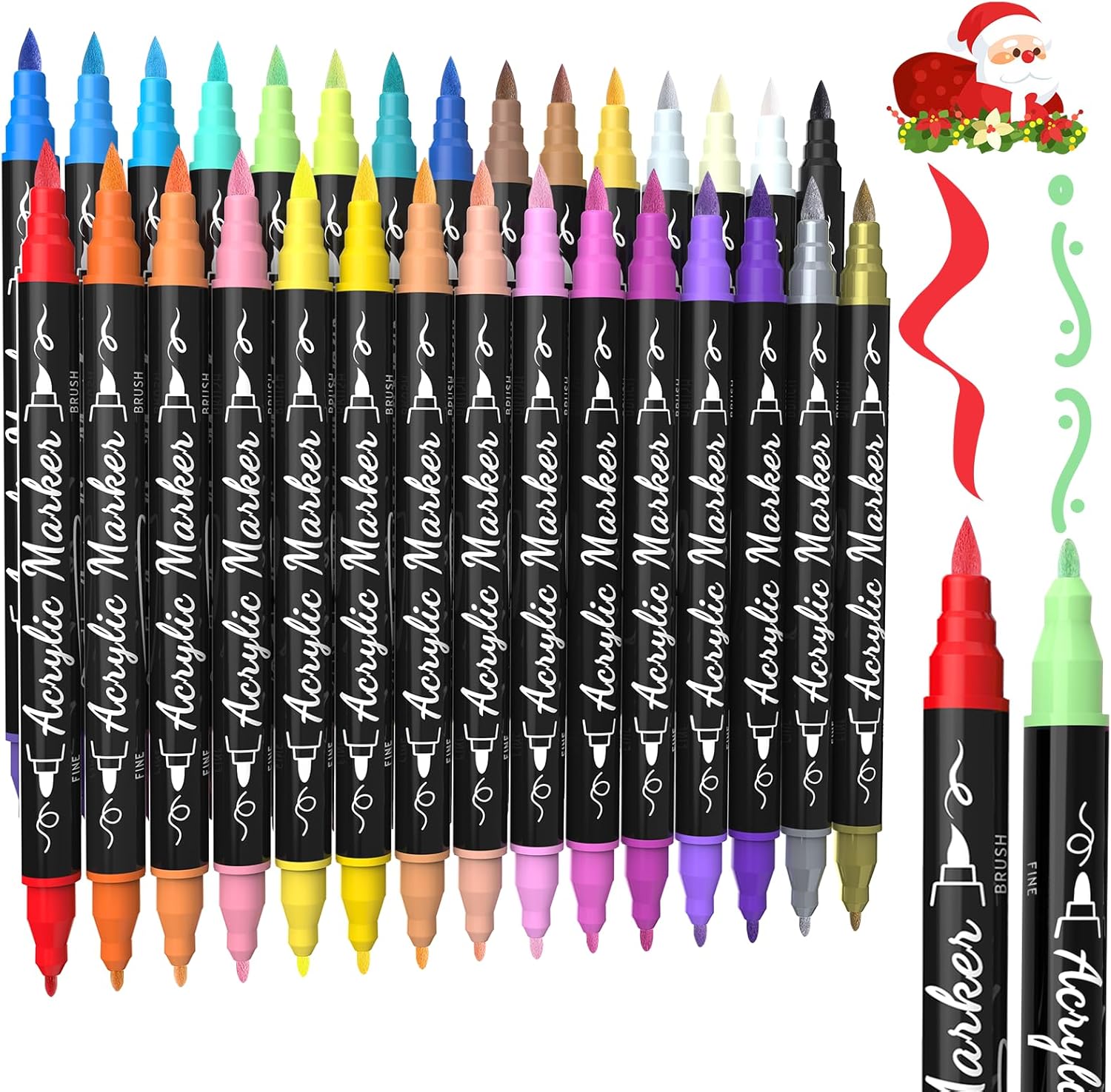 30 Colors Dual Tip Acrylic Paint Markers, Premium Brush&Fine Acrylic Paint Pens for Rock, Wood, Paper, Fabric