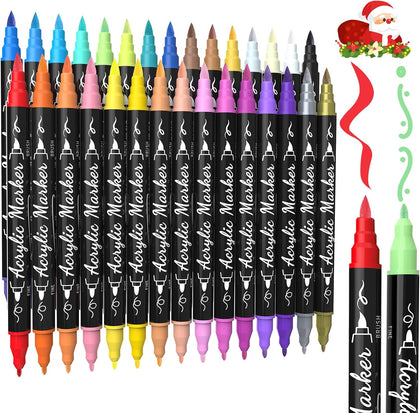 30 Colors Dual Tip Acrylic Paint Markers, Premium Brush&Fine Acrylic Paint Pens for Rock, Wood, Paper, Fabric