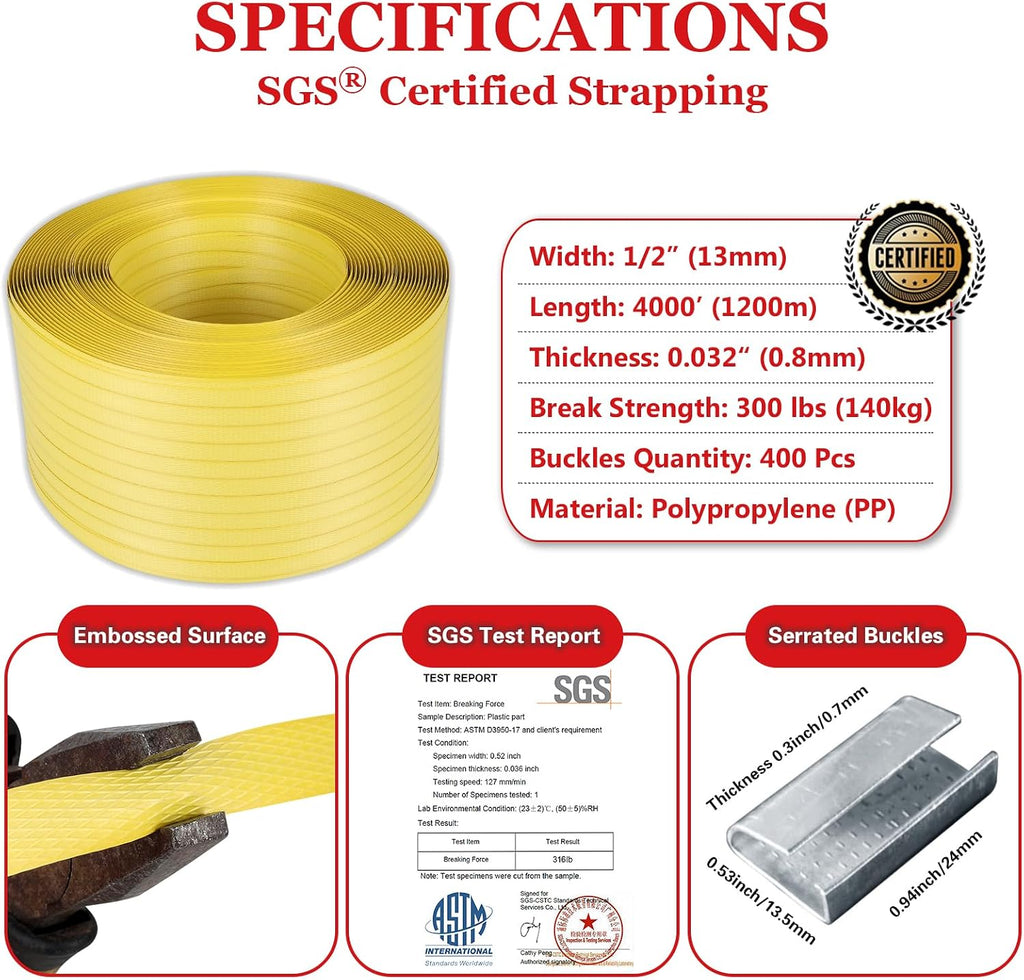 Packaging Strapping, Poly Straps, Carton Banding Strap (1/2" x 4000 ft x 0.032" PP Polyprophlene Coil Roll and 400