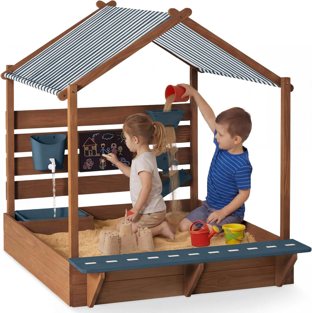 Best Choice Products Sandbox with Canopy, Extra Large Wooden Kids Sand Box, Water Table & Sink, Chalkboard, Bench