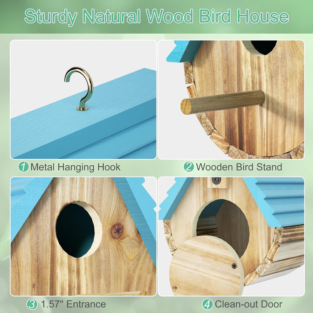 Bird Houses for Outside, Hanging Wooden Birdhouse for Outdoors, Blue