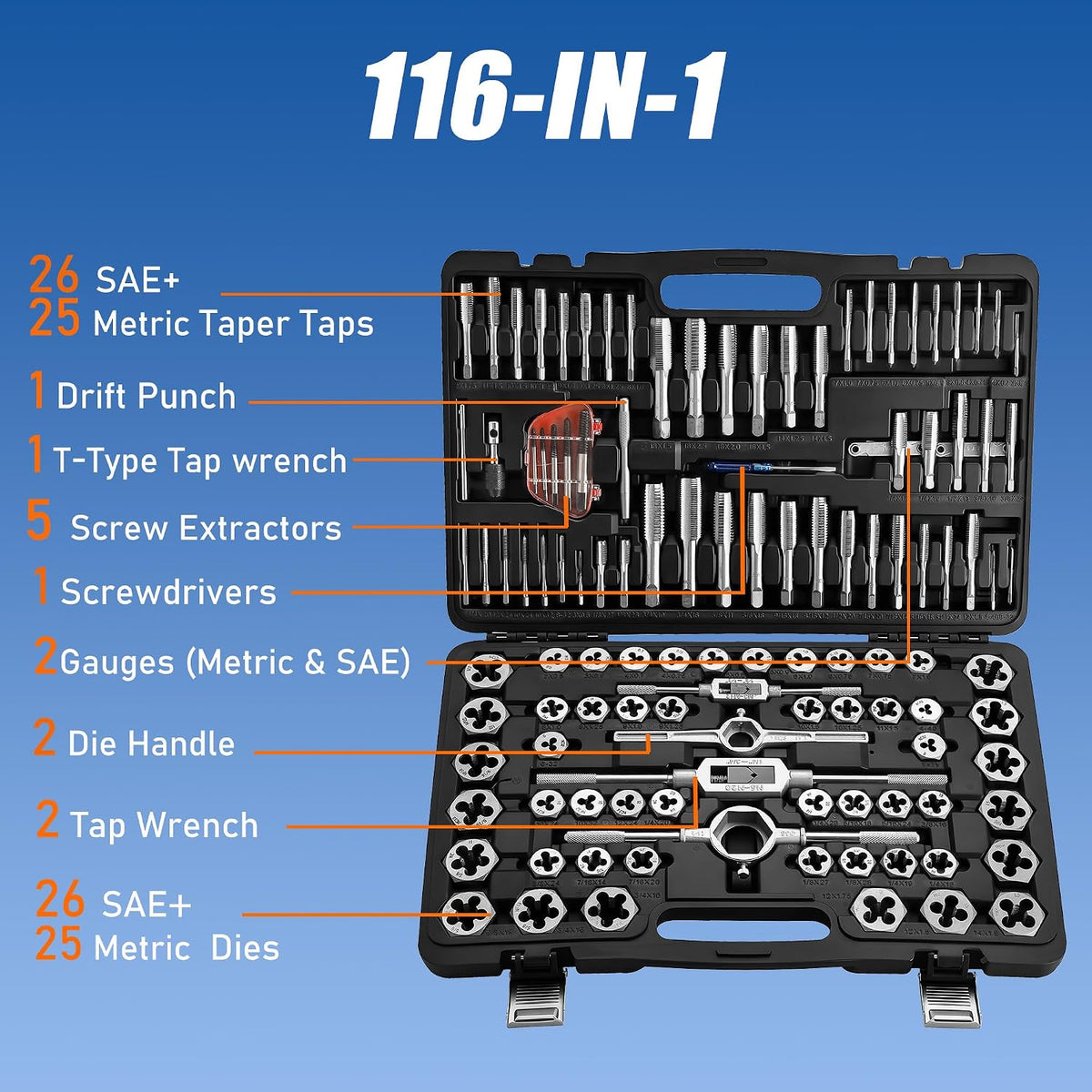 Anfrere 116-Piece SAE & Metric Tap and Die Set