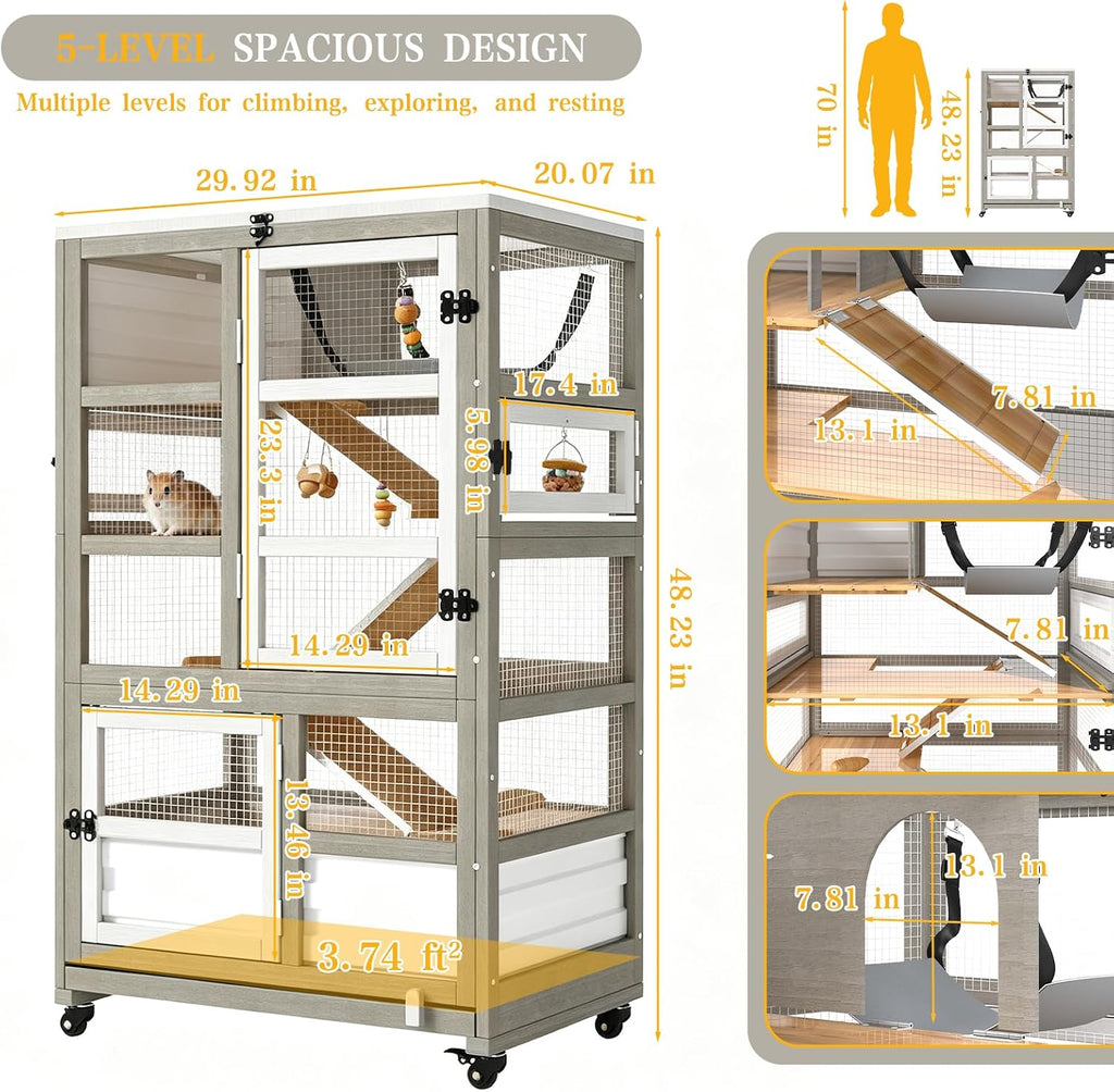 5-Tier Guinea Pig Cages on Wheels, Wooden Chinchilla Cage | Wooden Small Animal Habitat with Ramp, Hammock, Pull-Out