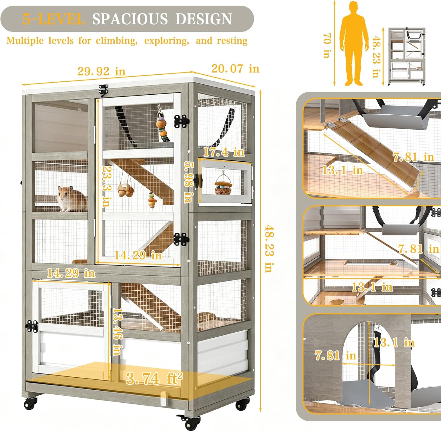 5-Tier Guinea Pig Cages on Wheels, Wooden Chinchilla Cage | Wooden Small Animal Habitat with Ramp, Hammock, Pull-Out