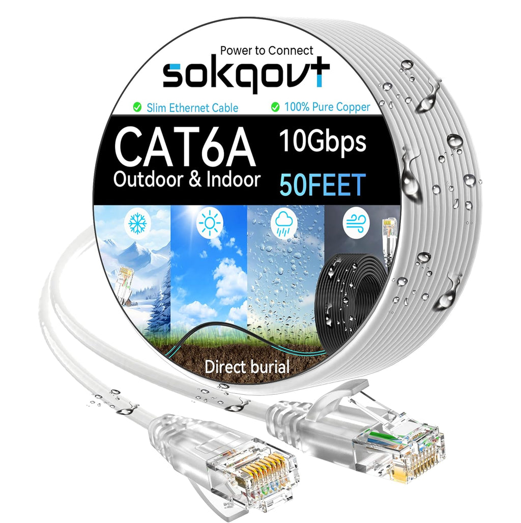 Cat6a Ethernet Cable Slim 50ft Outdoor&Indoor, 28AWG Pure Copper Cat6 Internet Cable for Waterproof & Direct Burial