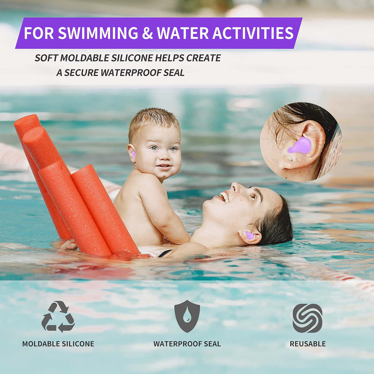 Moldable Silicone Ear Plugs for Sleep and Swim, 5 Pairs, Purple
