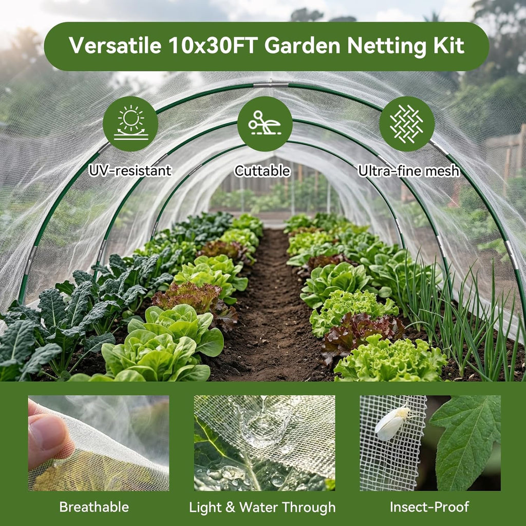 Garden Netting Kit for Raised Beds, 10x30FT Ultra Fine Mesh Netting＆ 6 Sets of 8FT Fiberglass Garden Hoops, Row Cover