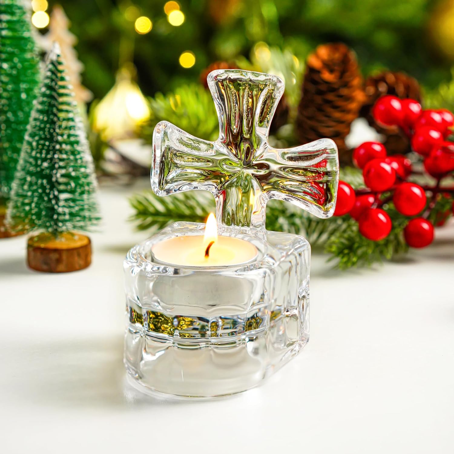 1 Piece Votive Candle Holders,Clear Glass Cross Tealight Candle Holder