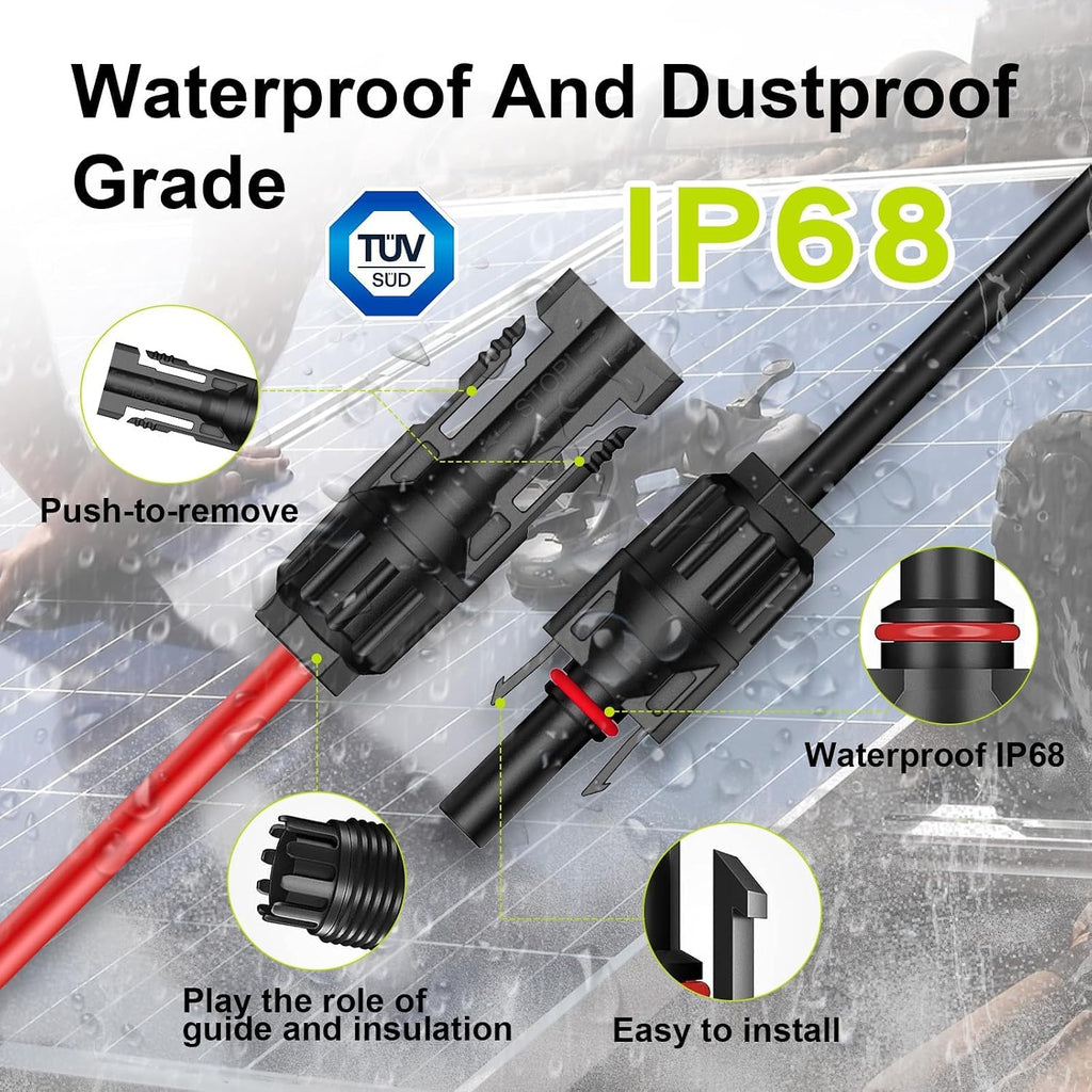 Solar Cable Extension 10Ft 10AWG, Solar Wire with Tool-Free Solar Connectors, Waterproof Solar Panel Extension Cable