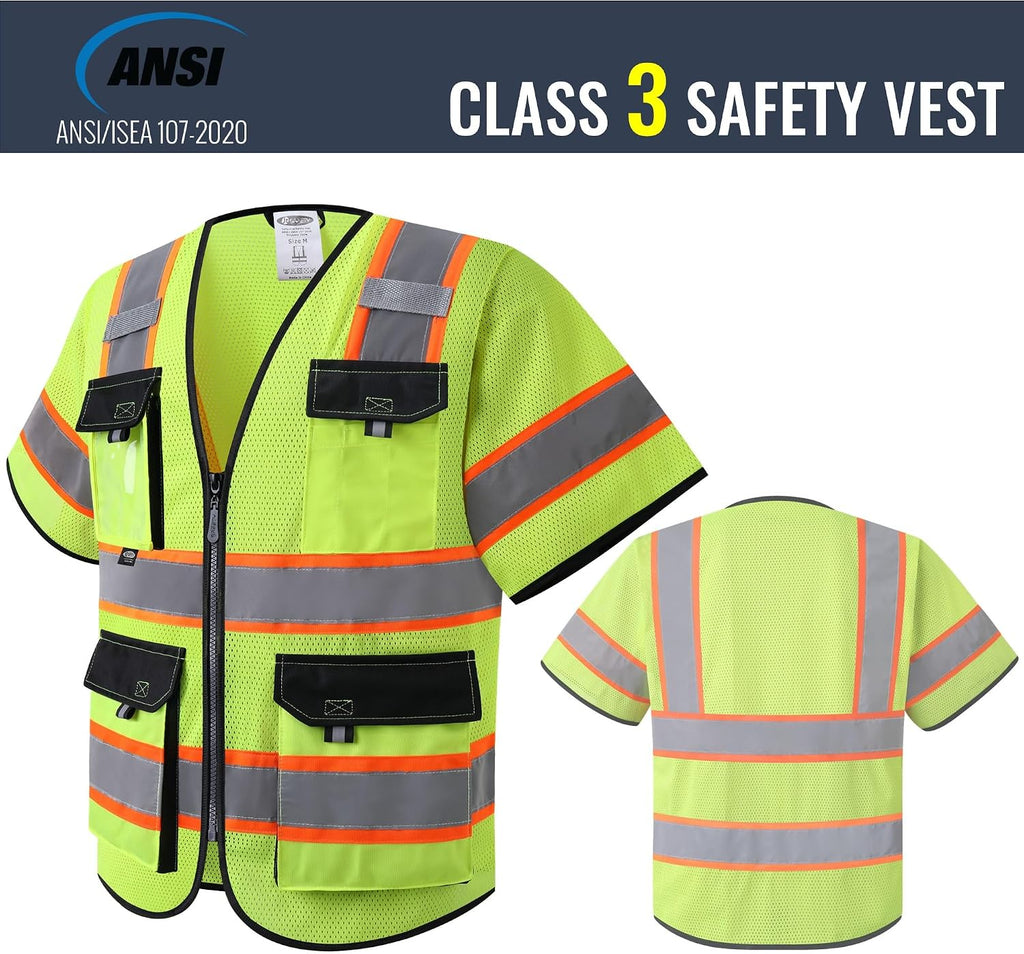 Safety Vest for Men Women Hi Vis with Pockets and Cushioned Collar Construction Vest Meet ANSI Standard (BX360)