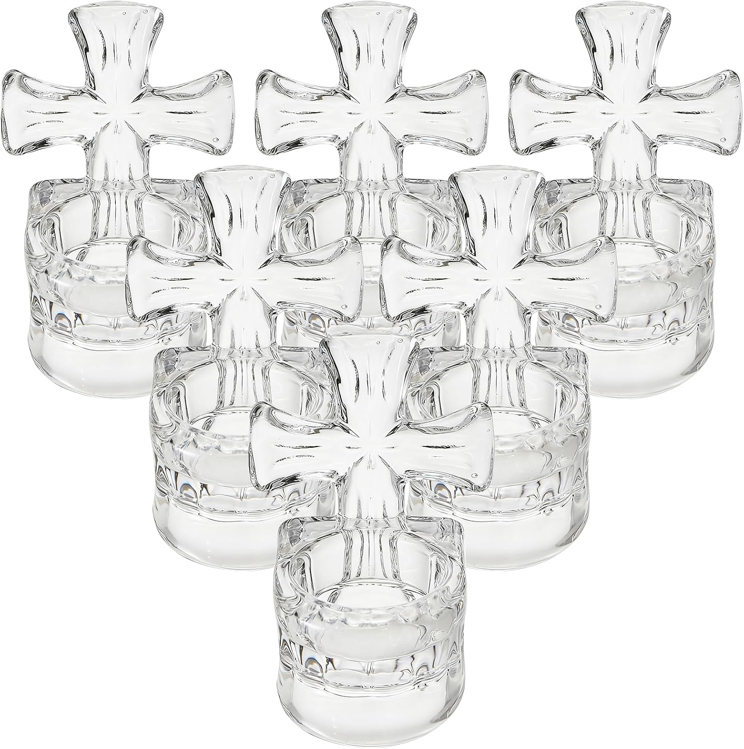 6 Pack Clear Glass Cross Tea Light Candle Holders, 4-inch Tall Crystal Votive Candle Holders for Religious Home