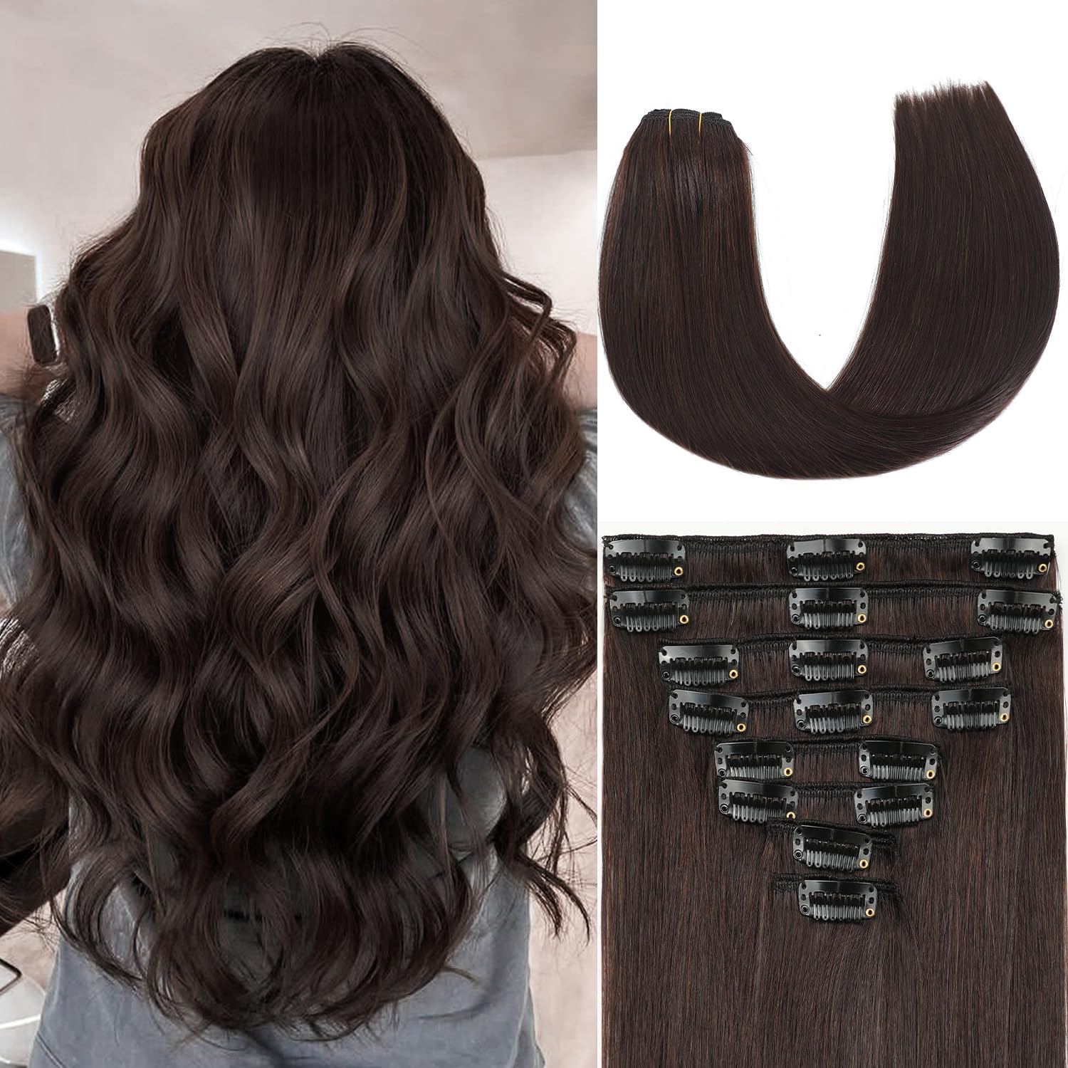 Dark Brown Invisible Clip in Hair Extensions Real Human Hair Weft Clip Ins | 18 Inch 100g, 8pcs Per Set, Double Weft