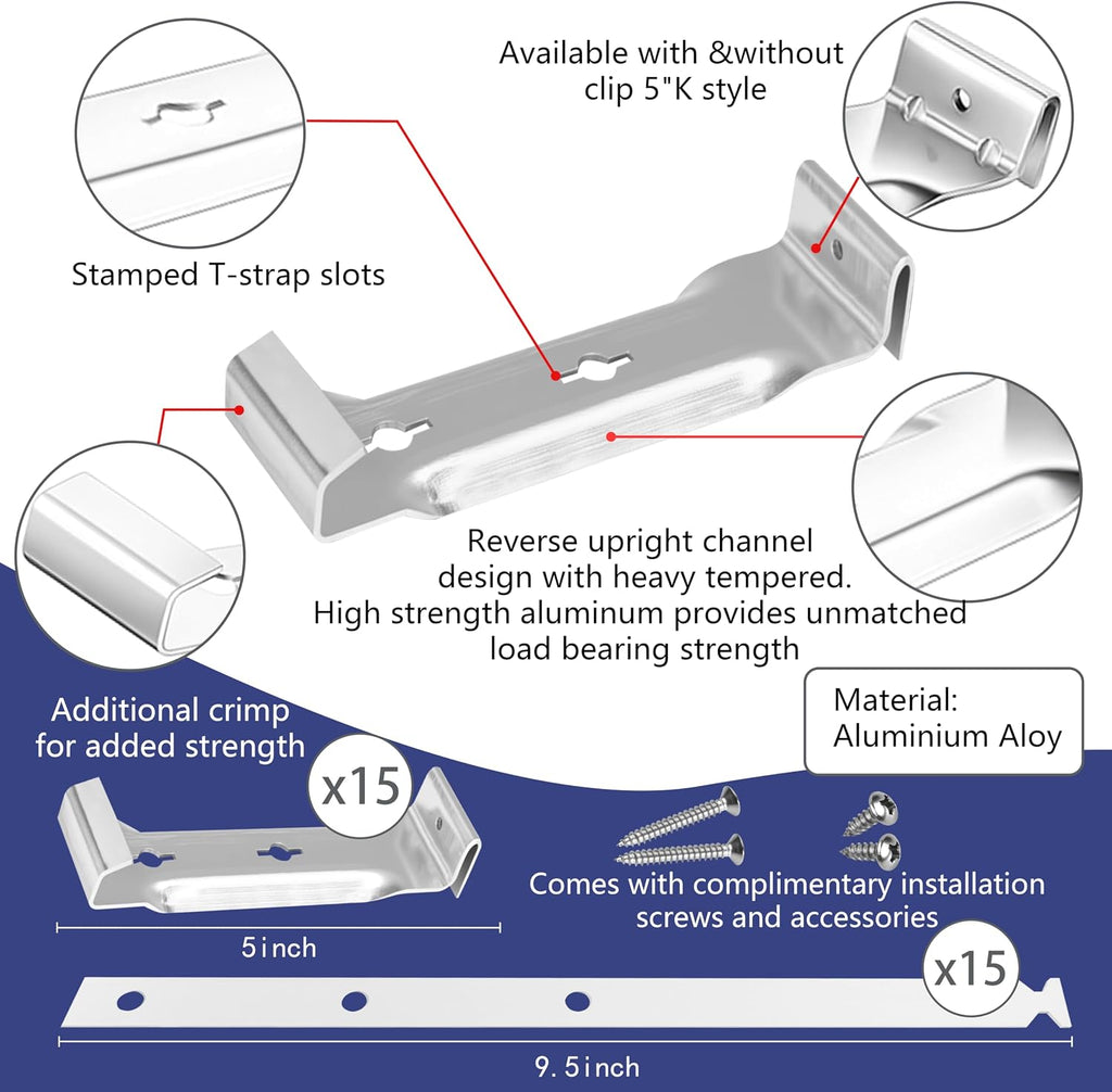 15 Sets 5 Inch Aluminum Gutter Hangers with 9.5 Inch Straps and Rust-Resistant Screws, Gutter Brackets for Eavesless