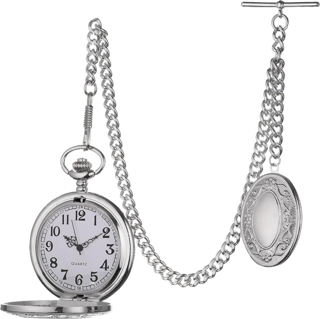 Vintage-Style Pocket Watch Chain with Ornate Medal and Pocket Watch – 12 Inch T-Bar Chain for Waistcoats, Costumes &
