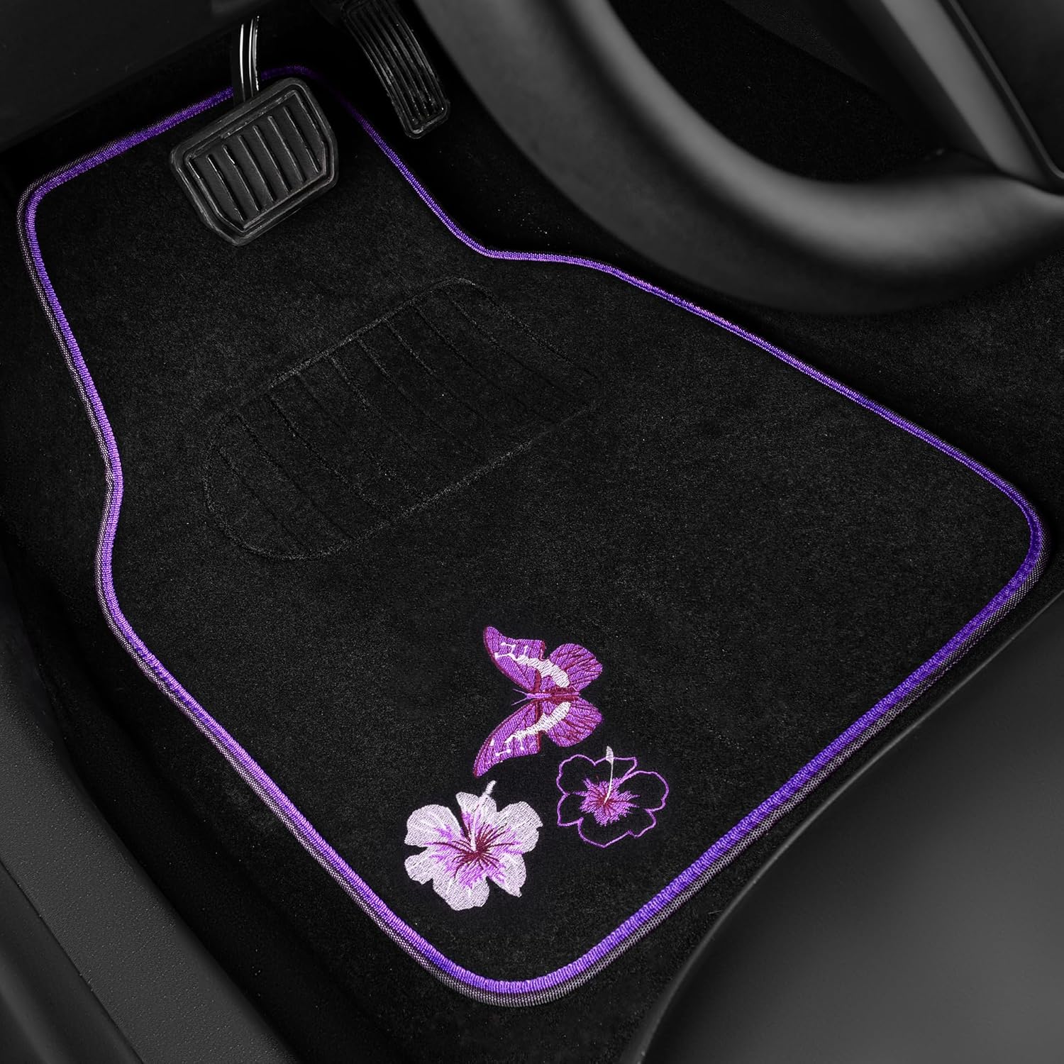 Embroidery Butterfly and Flower Car Floor Mats, Purple Car Floor Mats, Universal Fit 95%
