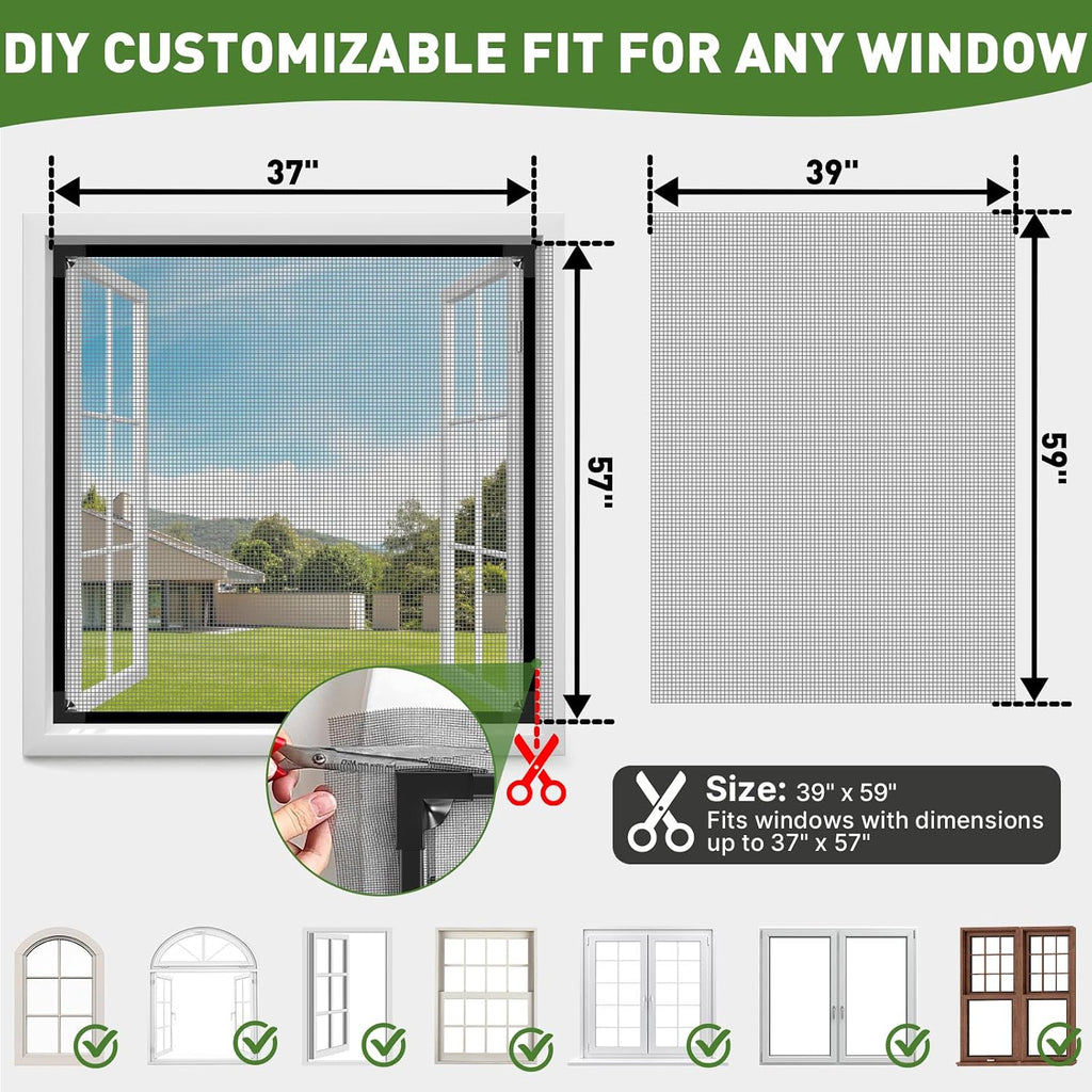 Window Screen Adjustable Magnetic Window Screen Replacement Max 39” x 59”, DIY Fiberglass Mesh Window Screens for