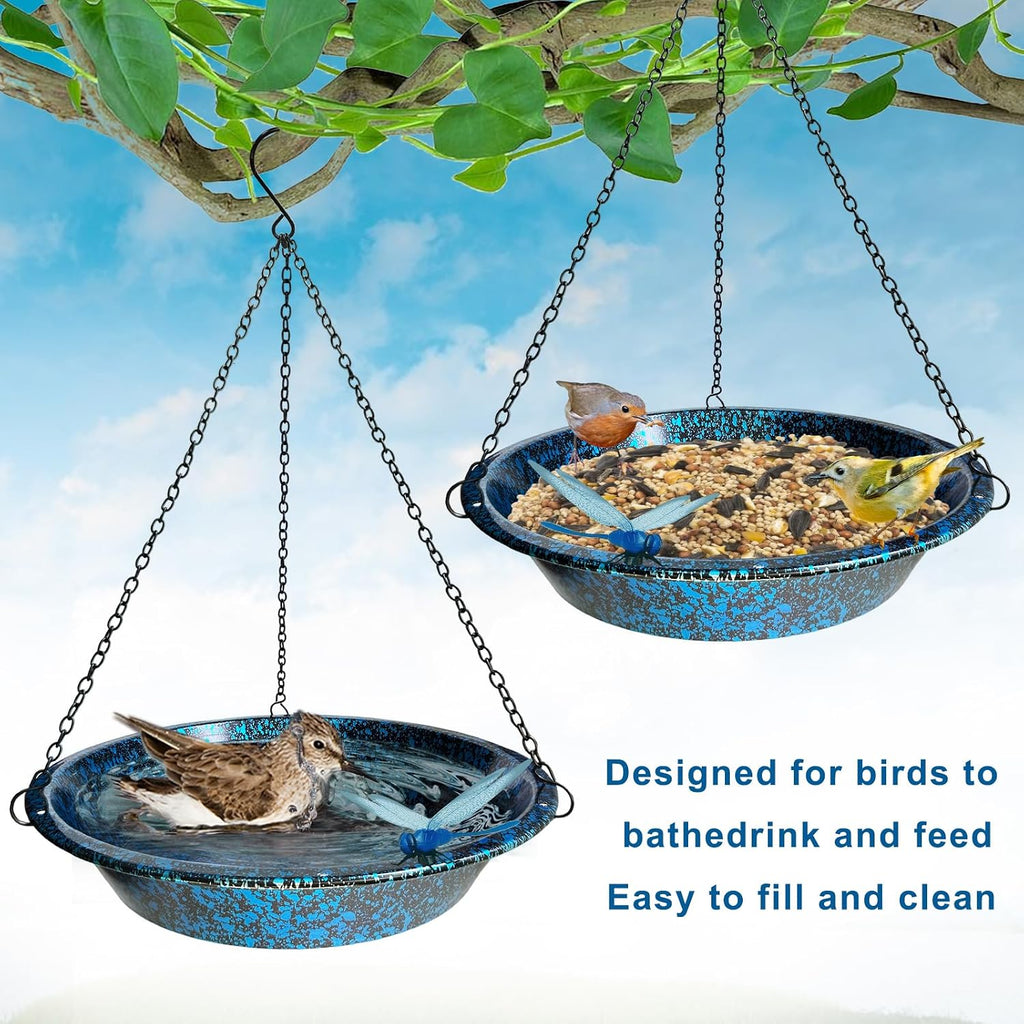 11.4" Hanging Bird Bath & Feeder Blueblack Metal Garden Decor