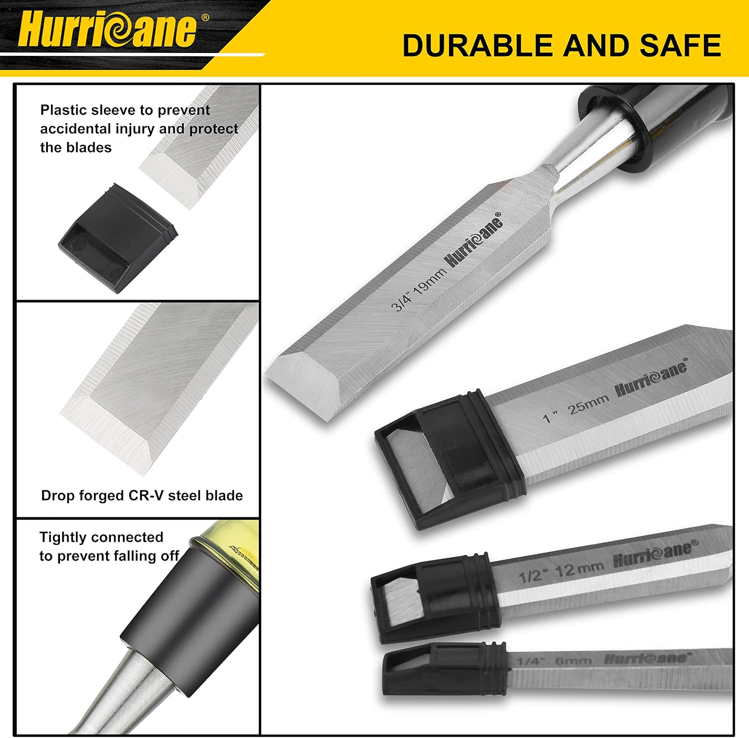 4 Piece Wood Chisel Set for Woodworking. CR-V Steel Beveled Edge Blades with Safety Caps. Extra Large Grip