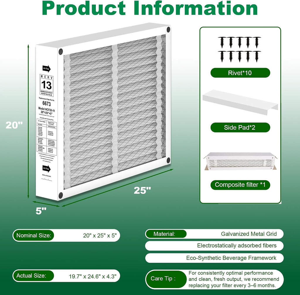 Lennox X6673 20x25x5 in. HVAC Furnace Replacement Air Filter | Foldable MERV 13 Filter, Low air resistance safeguards