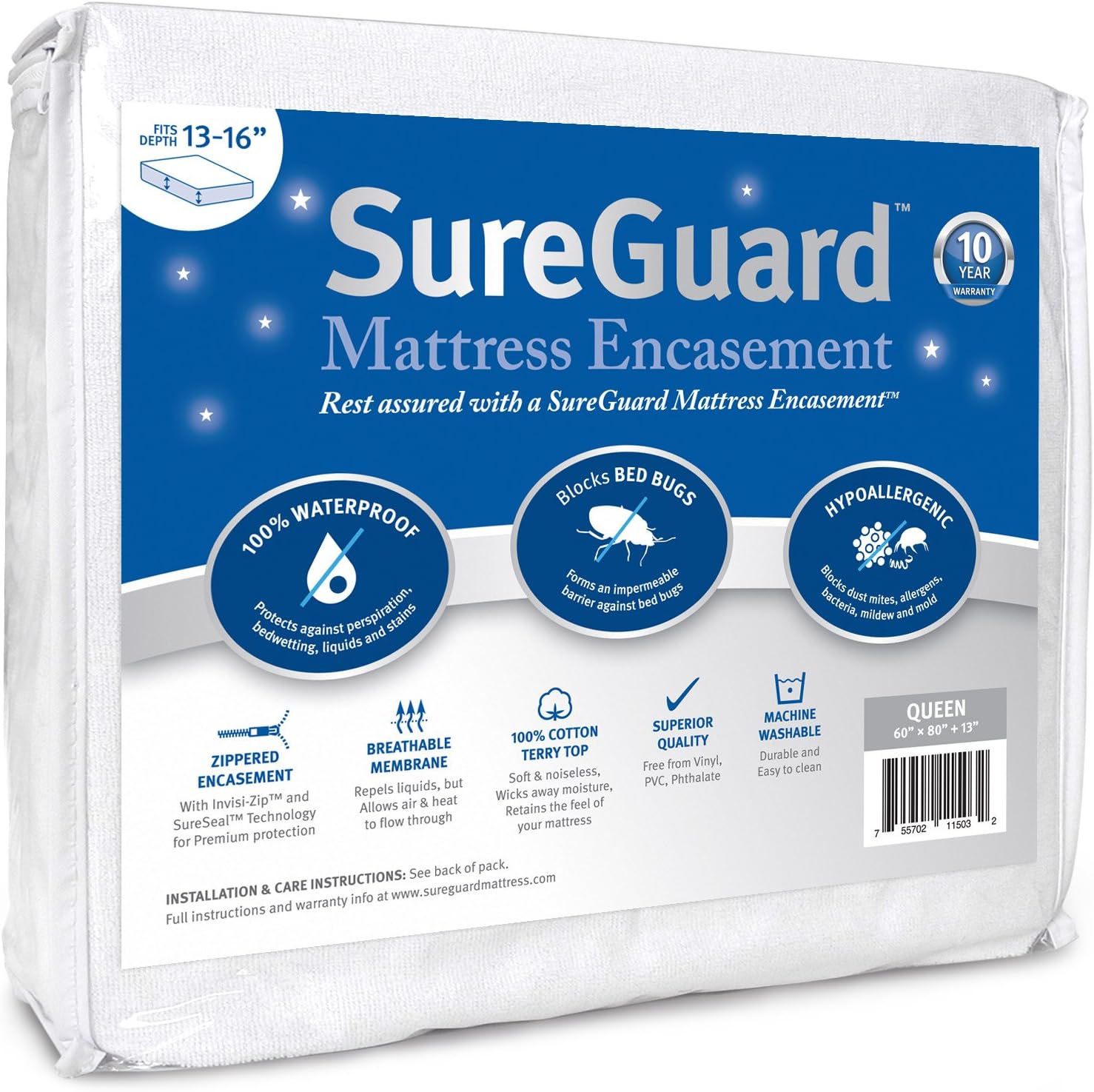 Queen (13-16 in. Deep) SureGuard Mattress Encasement - 100% Waterproof, Bed Bug Proof, Hypoallergenic - Premium