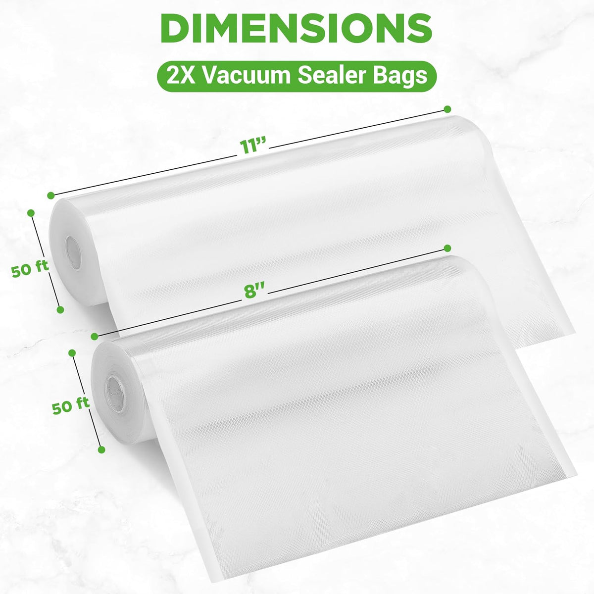 Vacuum Sealer Bags for Food 8” x 50’ & 11" x 50' (2 Rolls, 100’ Total) – Works with All Sealers, BPA-Free
