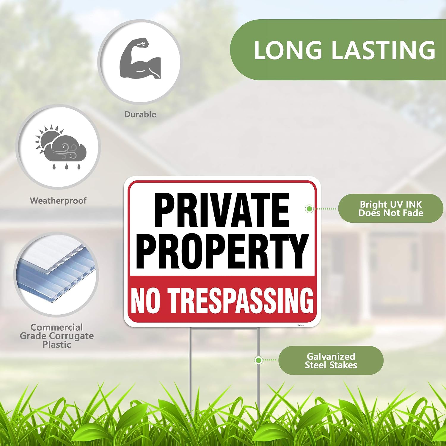 2PC Private Property No Trespassing Sign with Metal Stakes, 17"x13" - Corrugated Plastic - No Trespass Keep Out