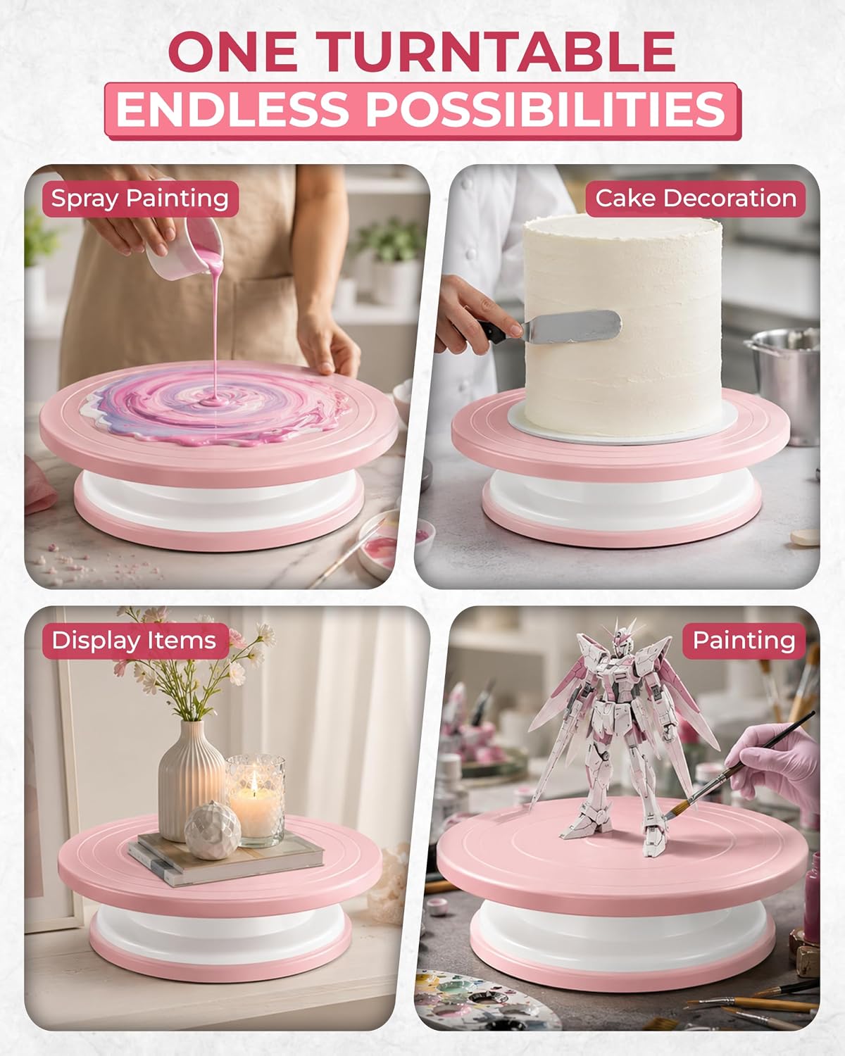 11 Inch Plastic Cake Decorating Turntable, Rotating Cake Stand for Beginners, Smooth Clockwise & Counterclockwise