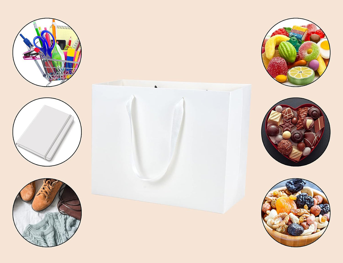Large Paper Gift Bags with Handles, White, 20 Pack, 13x5x10 IN