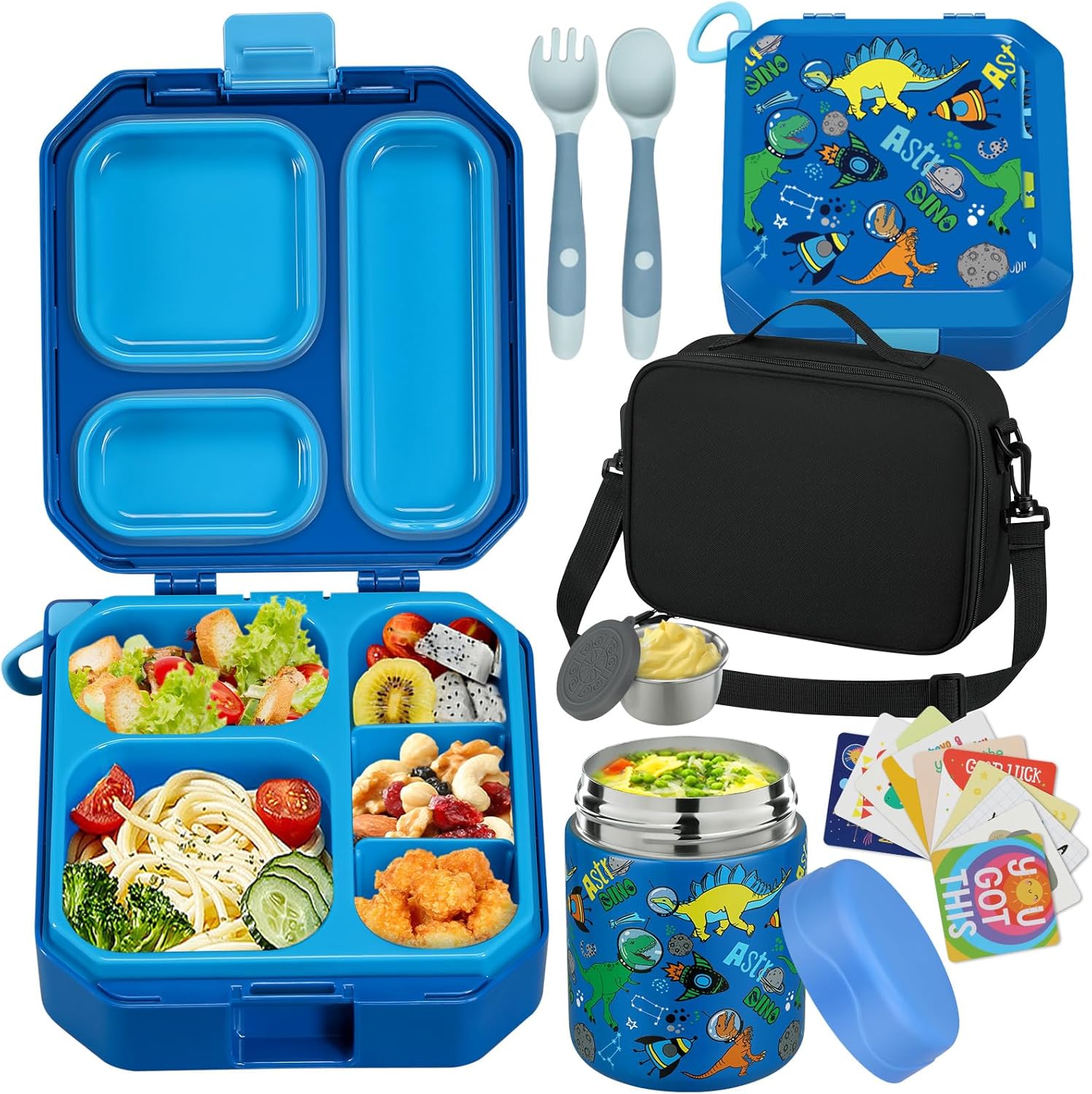 Bento Lunch Box for Kids with 12oz Soup Thermo Leak-Proof Lunch Food Container with 5 Compartment Thermo Hot Food Jar