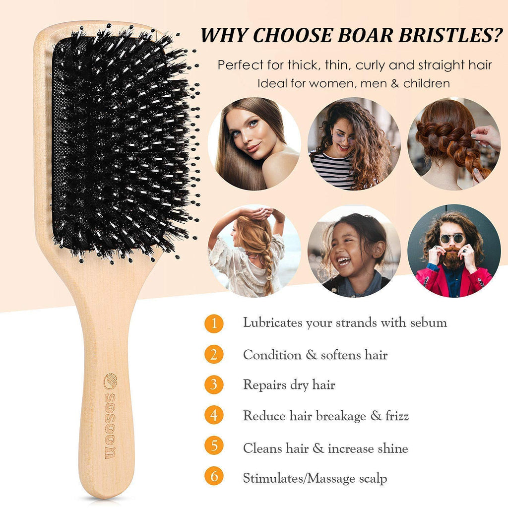 Hair Brush, 2 Pack Boar Bristle Paddle Hairbrush for Women Men Kids Reducing Frizzy, No More Tangle, Small Travel