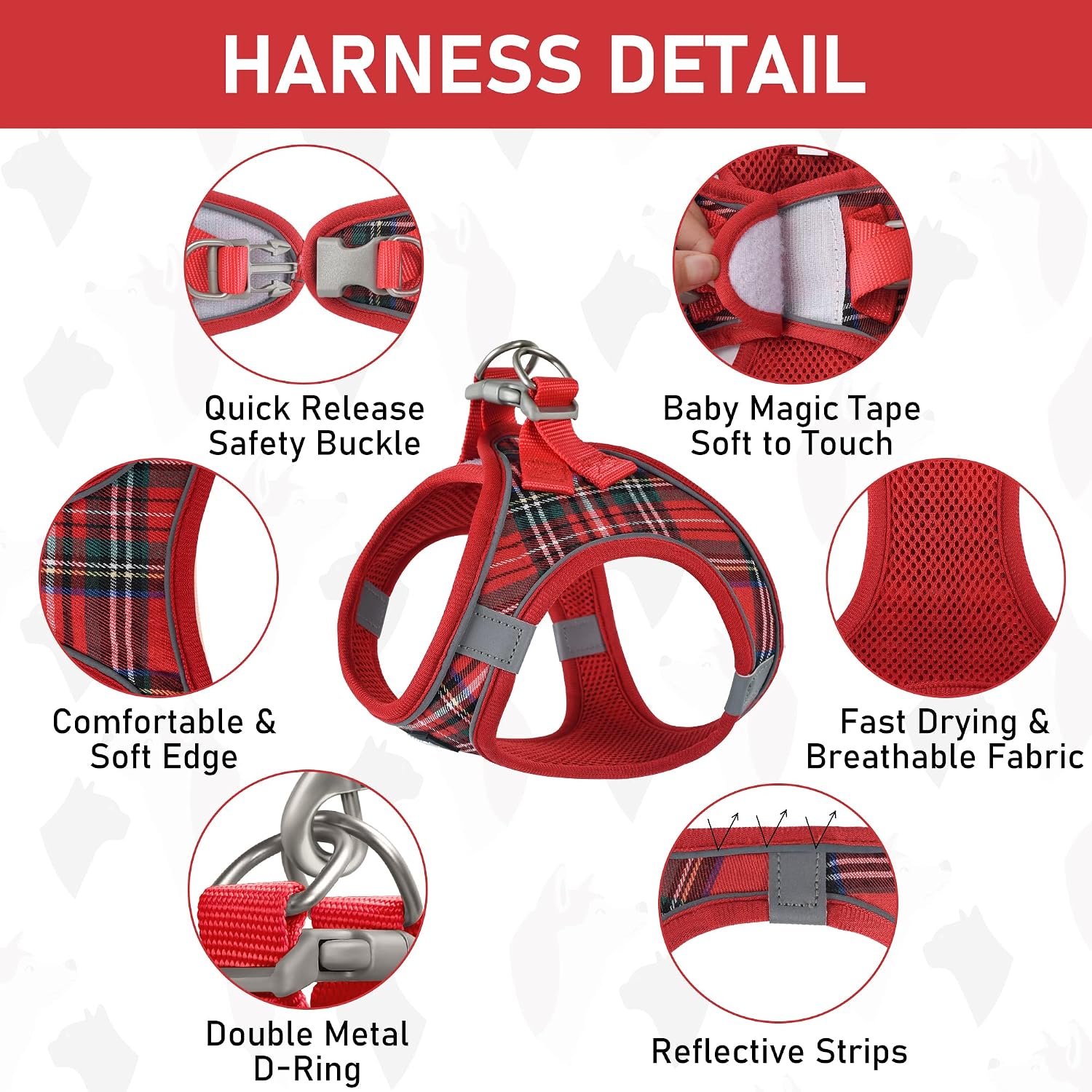 Small Dog Harness Collar and Leash Set, Step in No Chock No Pull Soft Mesh Adjustable Dog Vest Harnesses Plaid