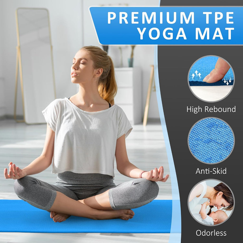 Signature Fitness All Purpose 0.25 Inch Thick High Density No Tear Exercise Yoga Mat with Strap & Lightweight
