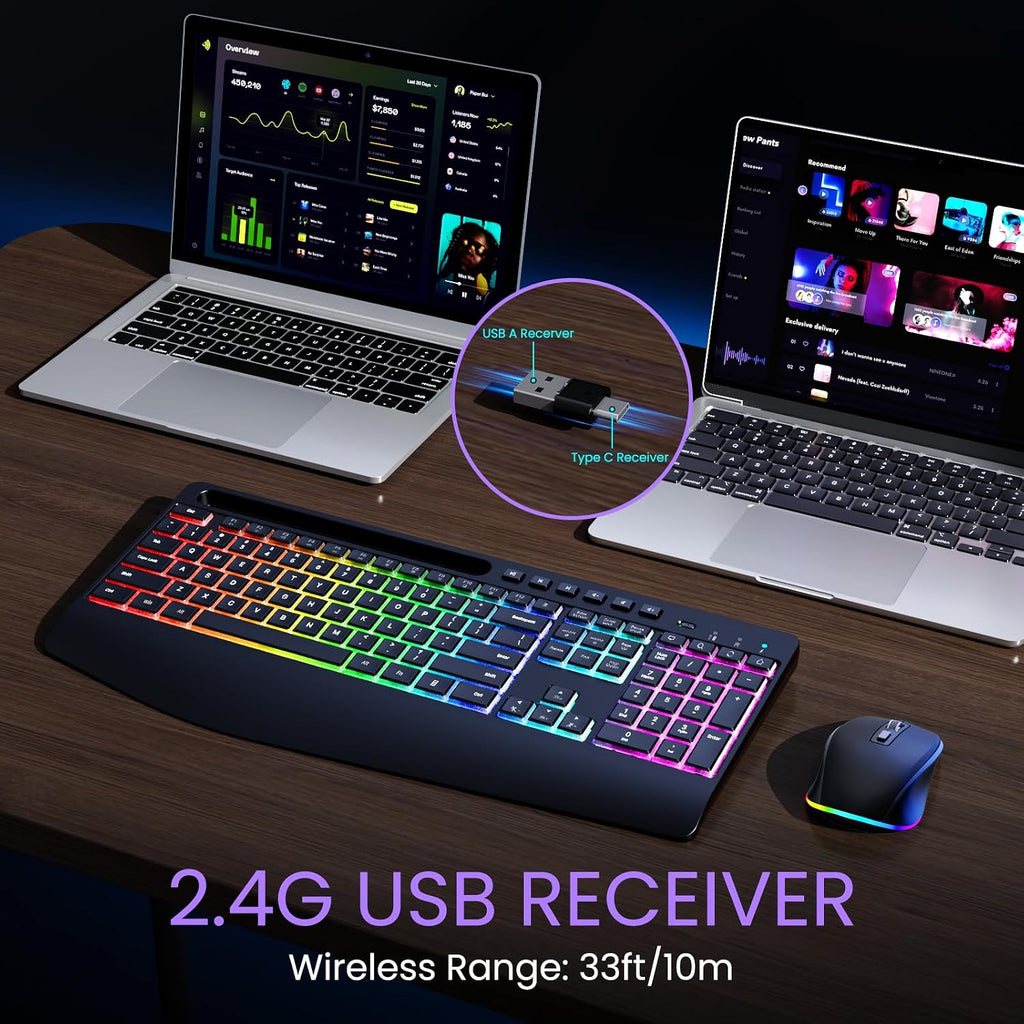 Wireless Keyboard and Mouse Combo- VEILZOR 2.4G Rechargeable Keyboard with Phone Holder, Ergonomic Wrist Rest, 9 RGB