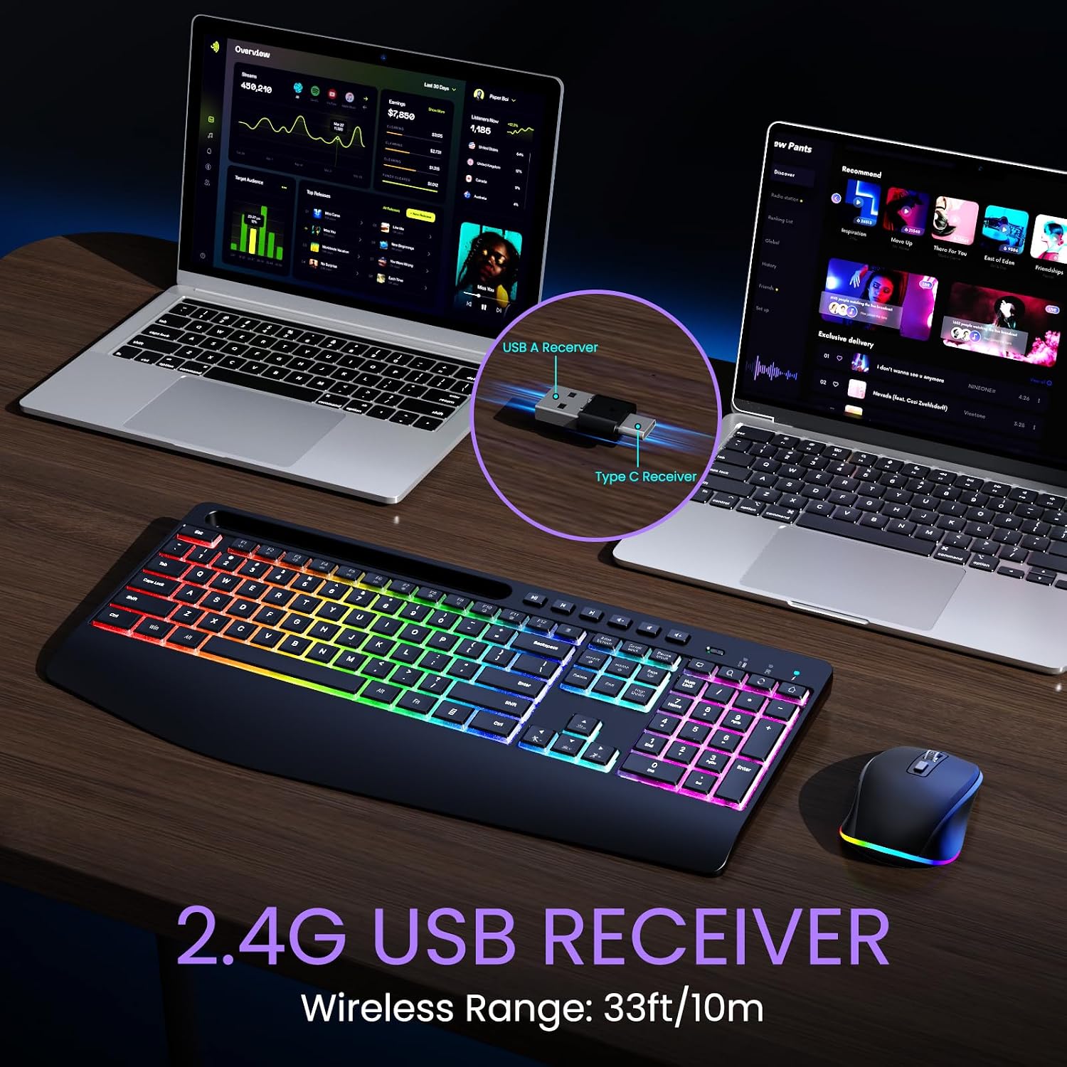 Wireless Keyboard and Mouse Combo- VEILZOR 2.4G Rechargeable Keyboard with Phone Holder, Ergonomic Wrist Rest, 9 RGB