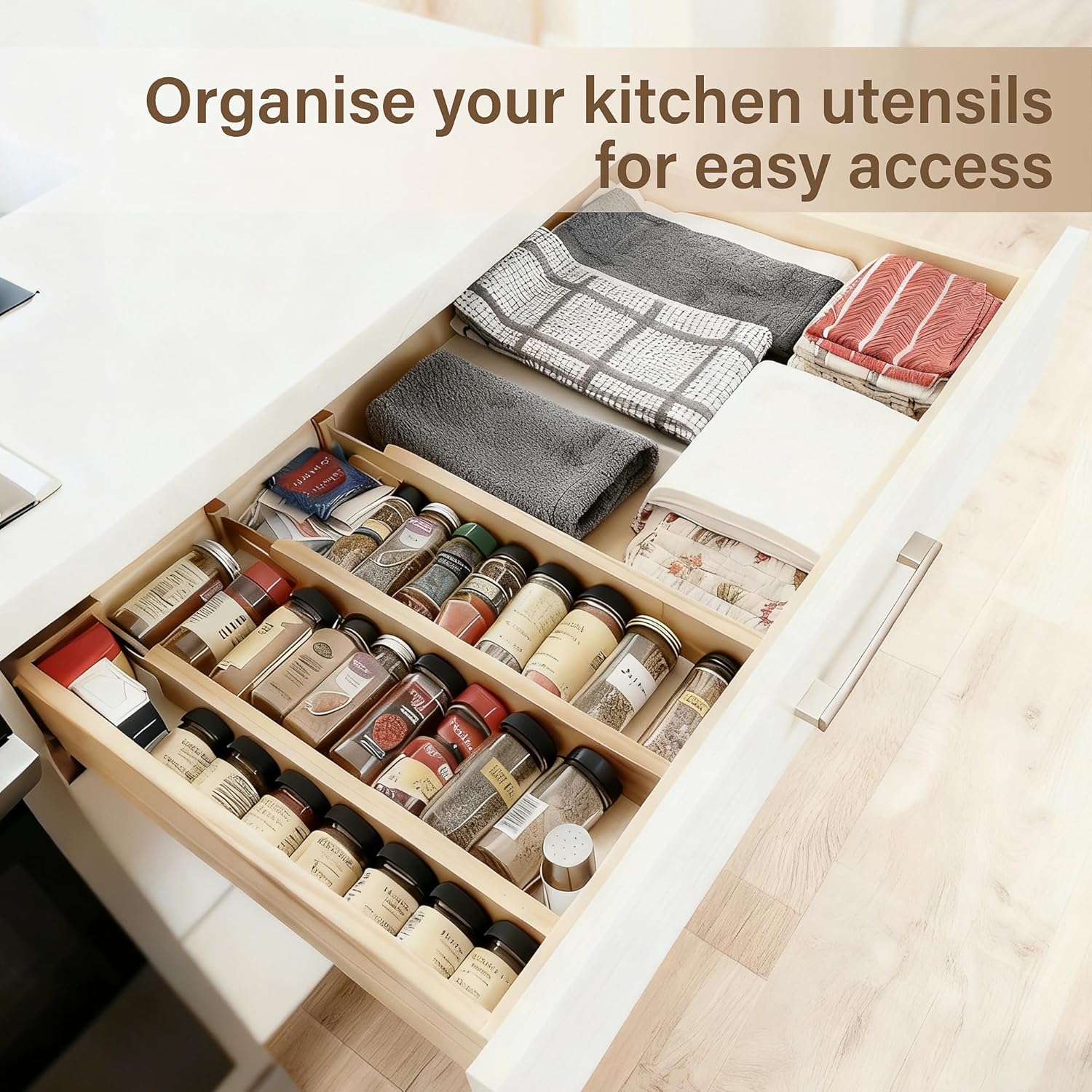 Bamboo Drawer Divider Set of 4, Adjustable Spring-Loaded Drawer Organizer (16.9"-22.2"), 2.3" Height, Suitable for