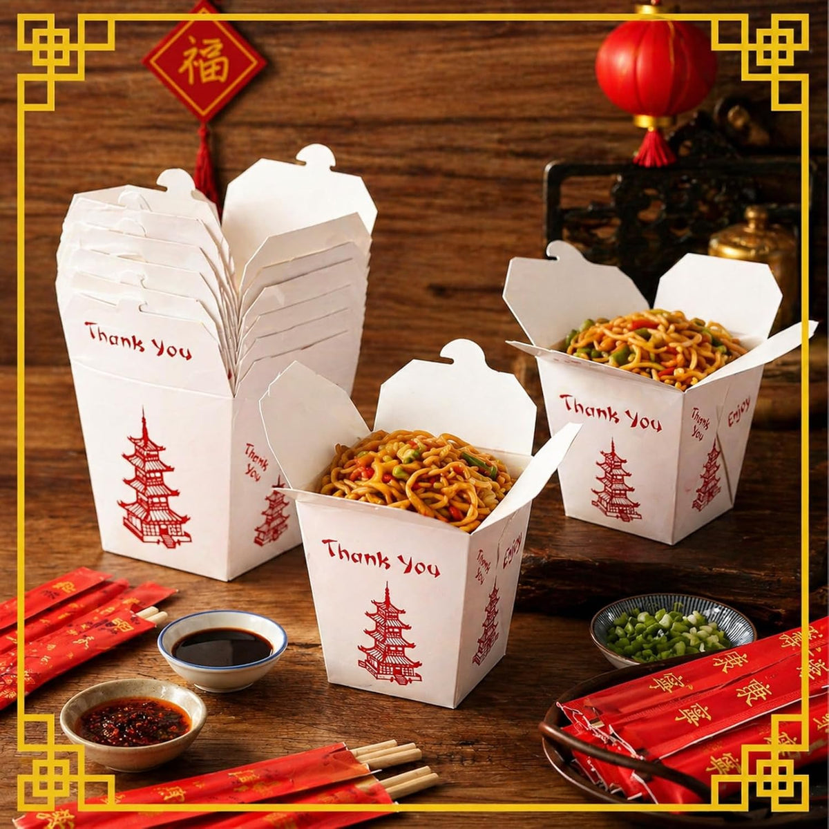 50 Sets 32 oz Chinese Take Out Boxes with Disposable Chopsticks